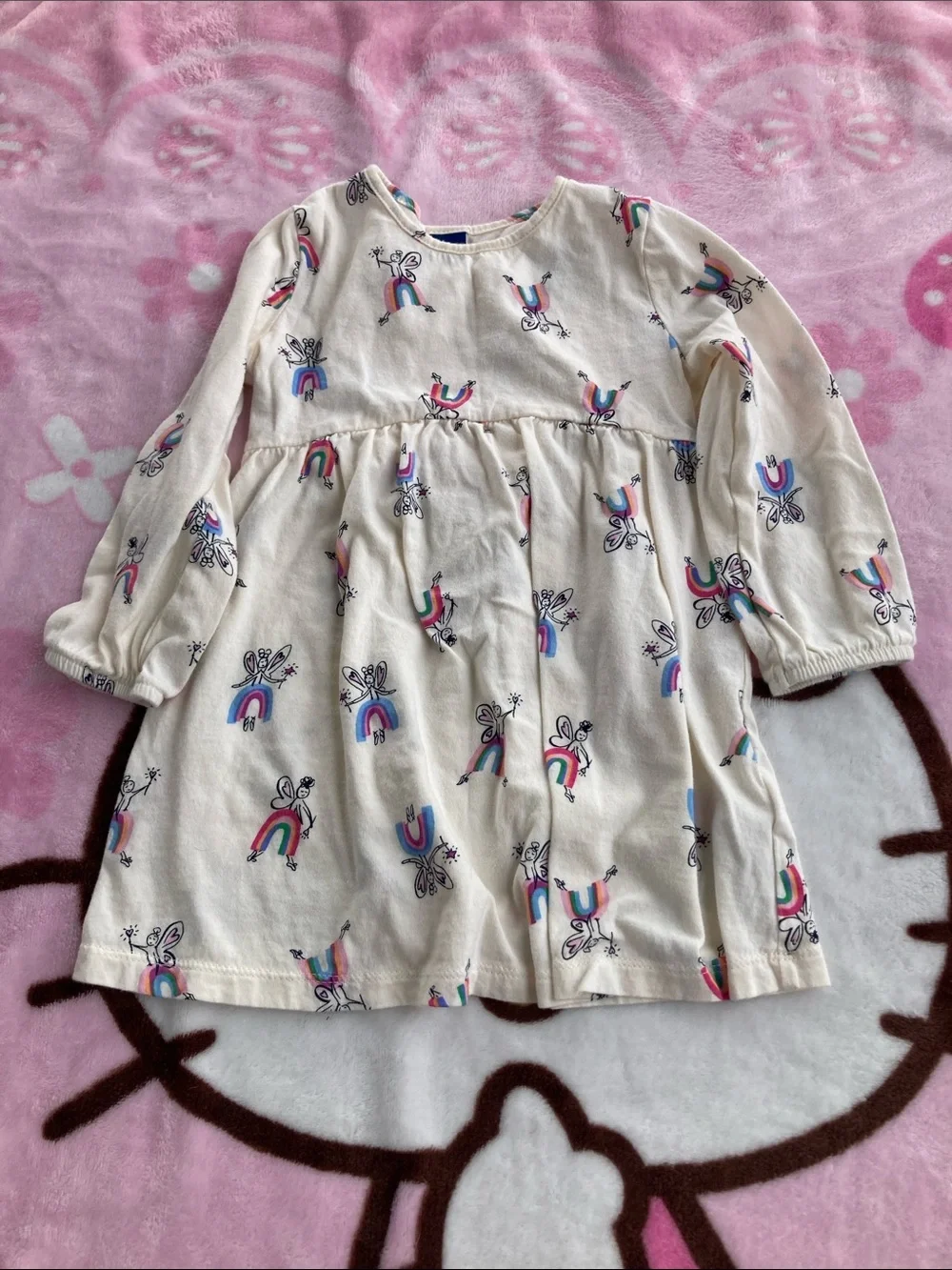 100% Cotton Girls' Long-Sleeve Dresses — Pink and Cream with Gold Accents